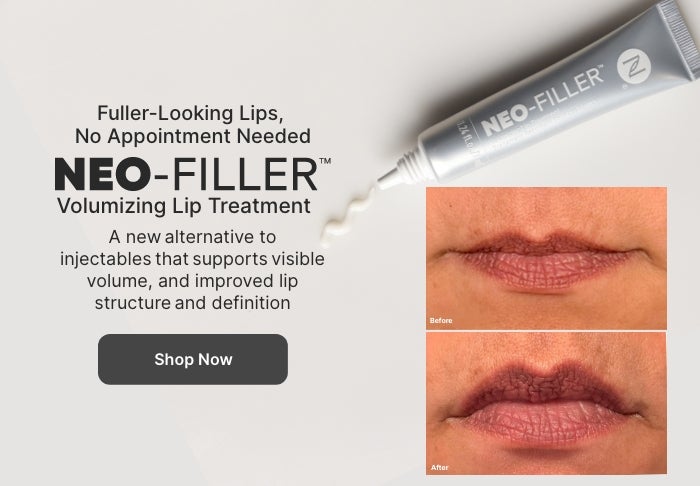 Introductory discount: 50% Off Neo-FILLER Volumizing Lip Treatment with any Neo-FILLER or Neo-FILLER Set purchase. Featured is a woman applying Neo-FILLER Volumizing Lip Treatment on her lips.